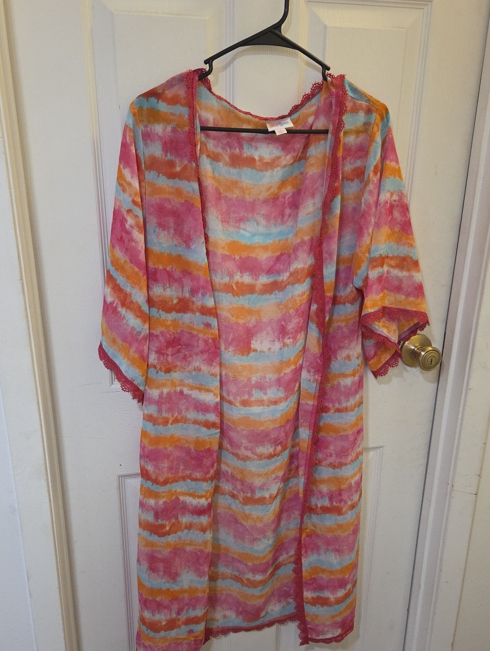 LuLaRoe Pink Orange Teal Striped Open Duster
